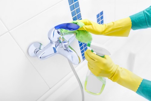 Staff member following safe procedures during oven cleaning